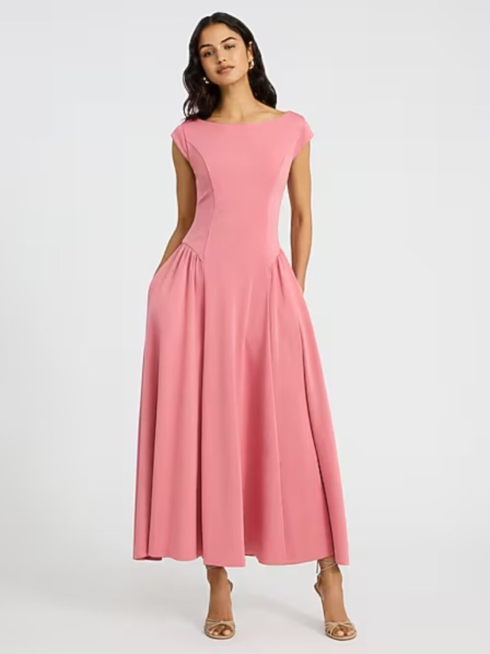 Cap Sleeve Open Back Drop Waist Maxi Dress with Pockets Medium Dusty Rose